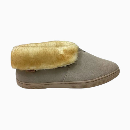 The Shoe Shop Tamarac Julie women's sand leather slipper with a warm lambswool lining and durable rubber sole.