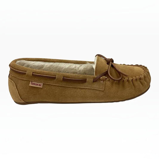 The Shoe Shop Tamarac Molly tan suede moccasin slipper with plush fleece lining and decorative lace detail