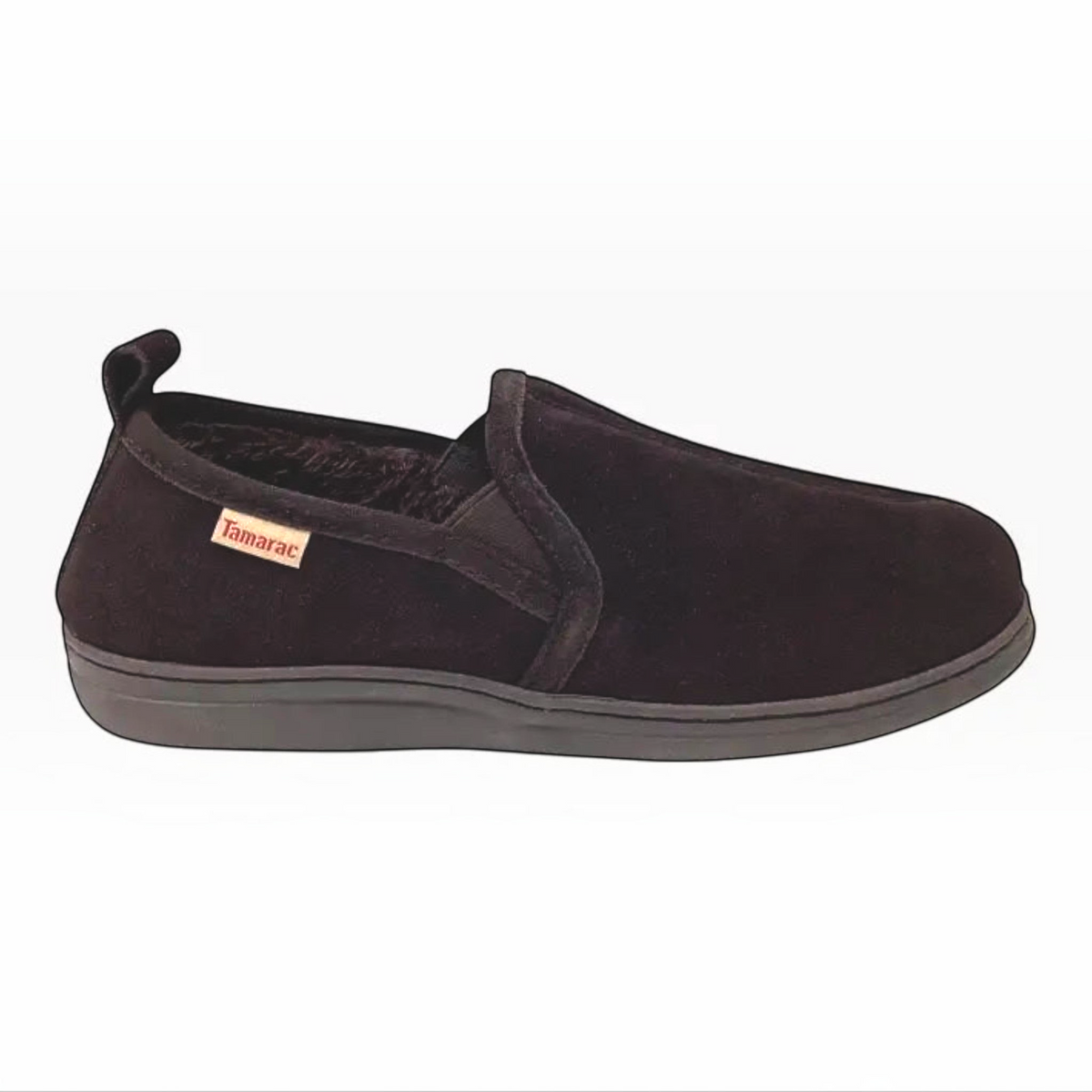 The Shoe Shop Tamarac Thomas slipper in rootbeer suede leather with a slip-on design and durable rubber sole.