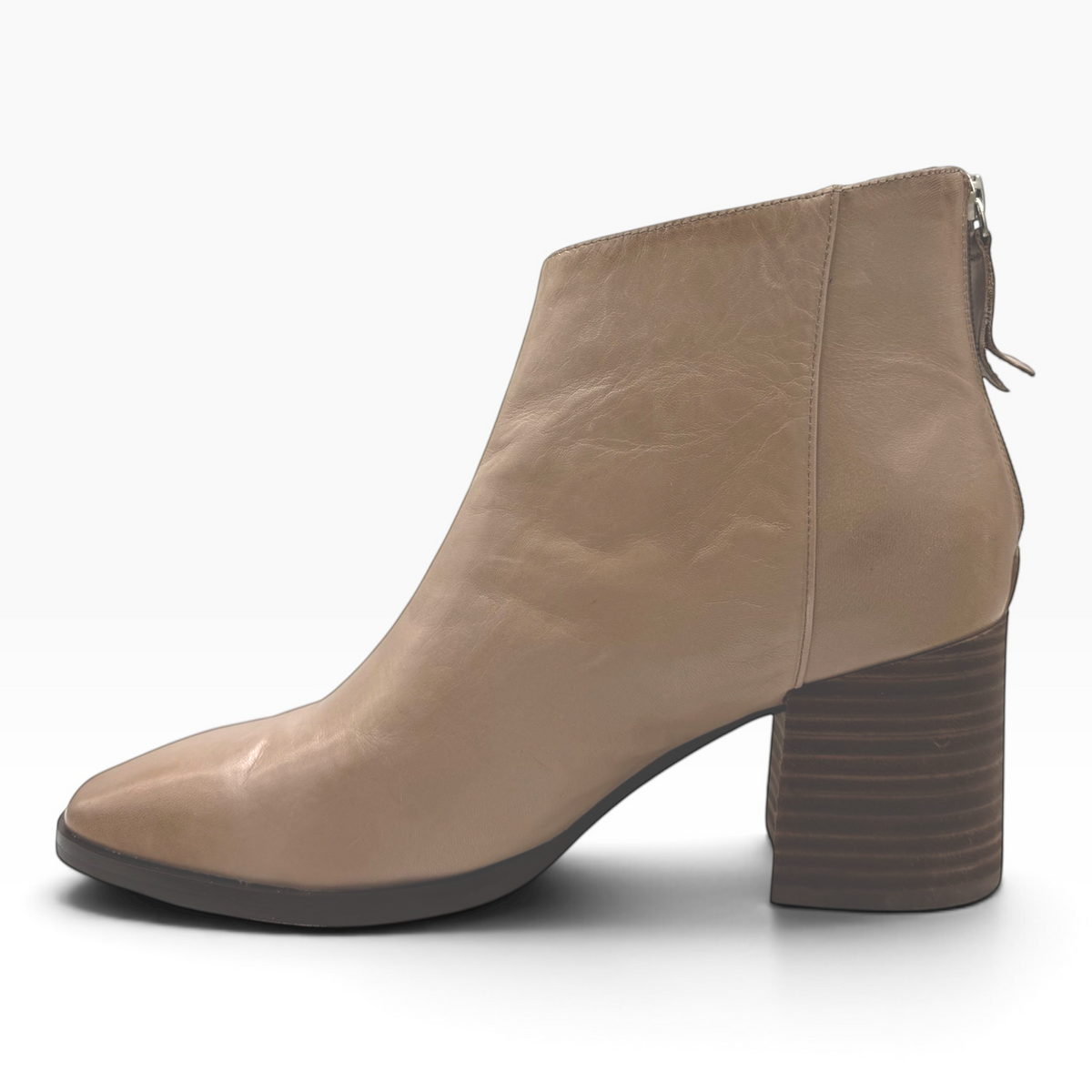 The Shoe Shop Keara ankle boot in smooth tan leather with a stacked block heel and back zip closure