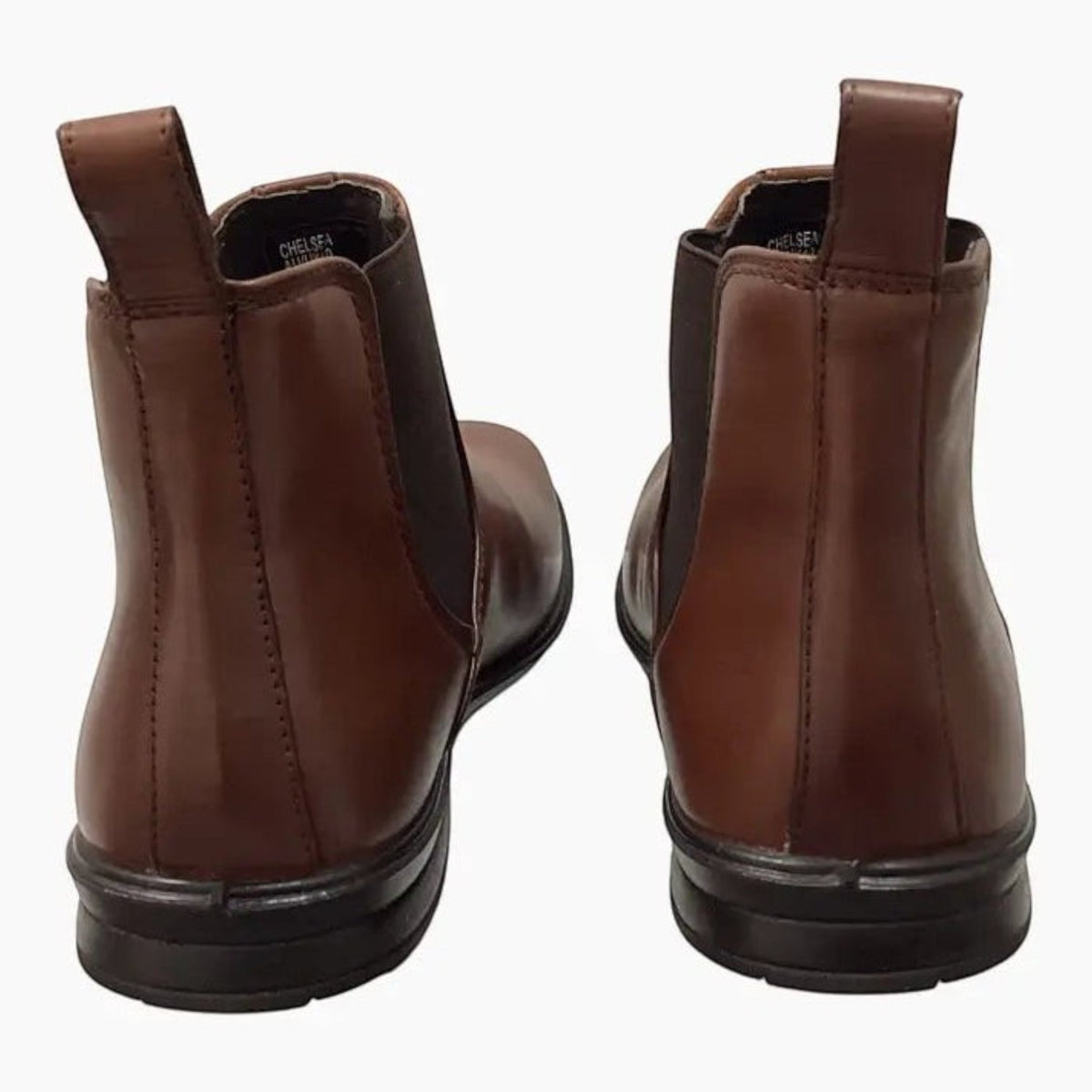 Rear view of The Shoe Shop Hush Puppies tan burnished leather Chelsea boots with elastic gussets and pull tabs.