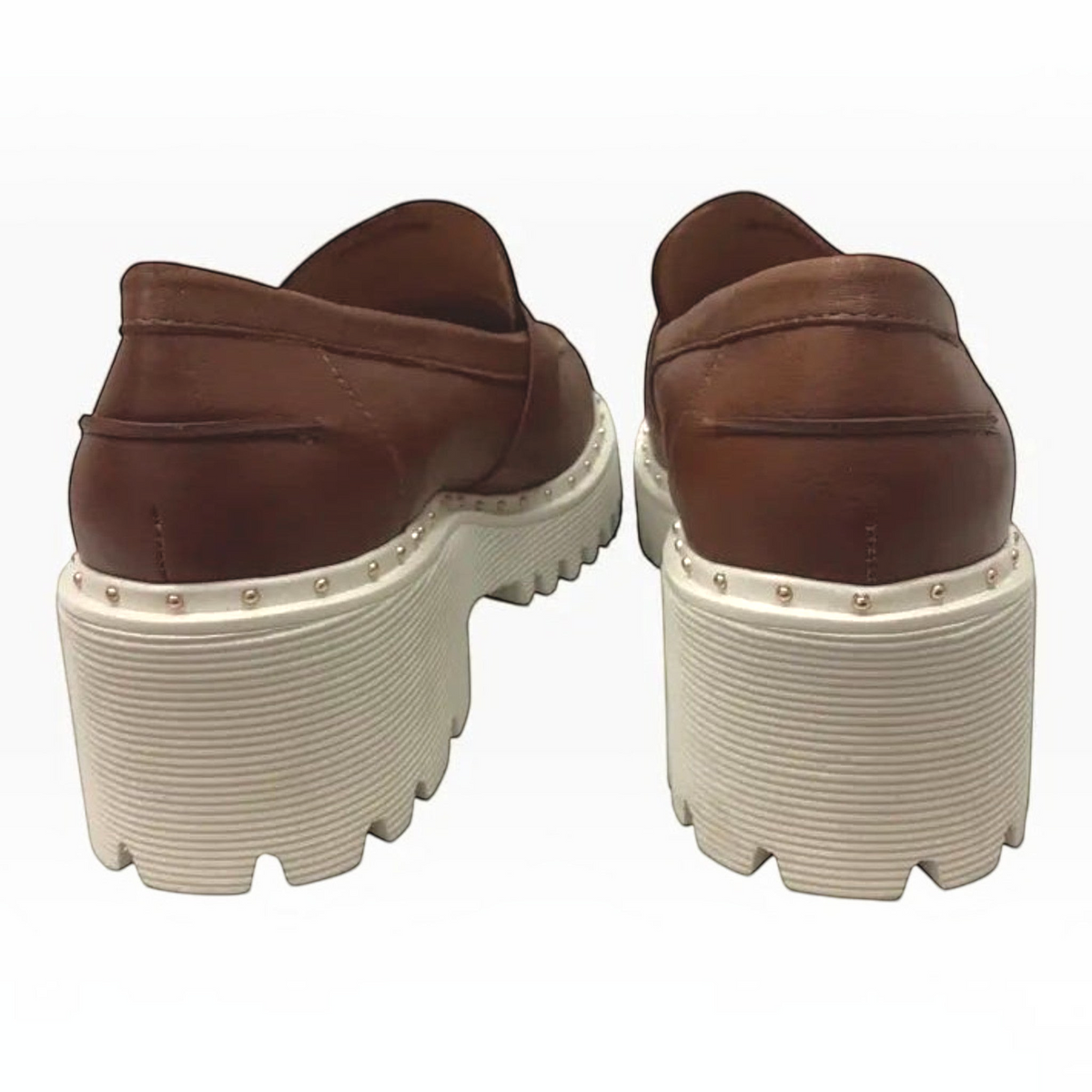 The Shoe Shop Belle Scarpe Ric tan leather loafers with a chunky white lug platform sole and gold stud detailing.