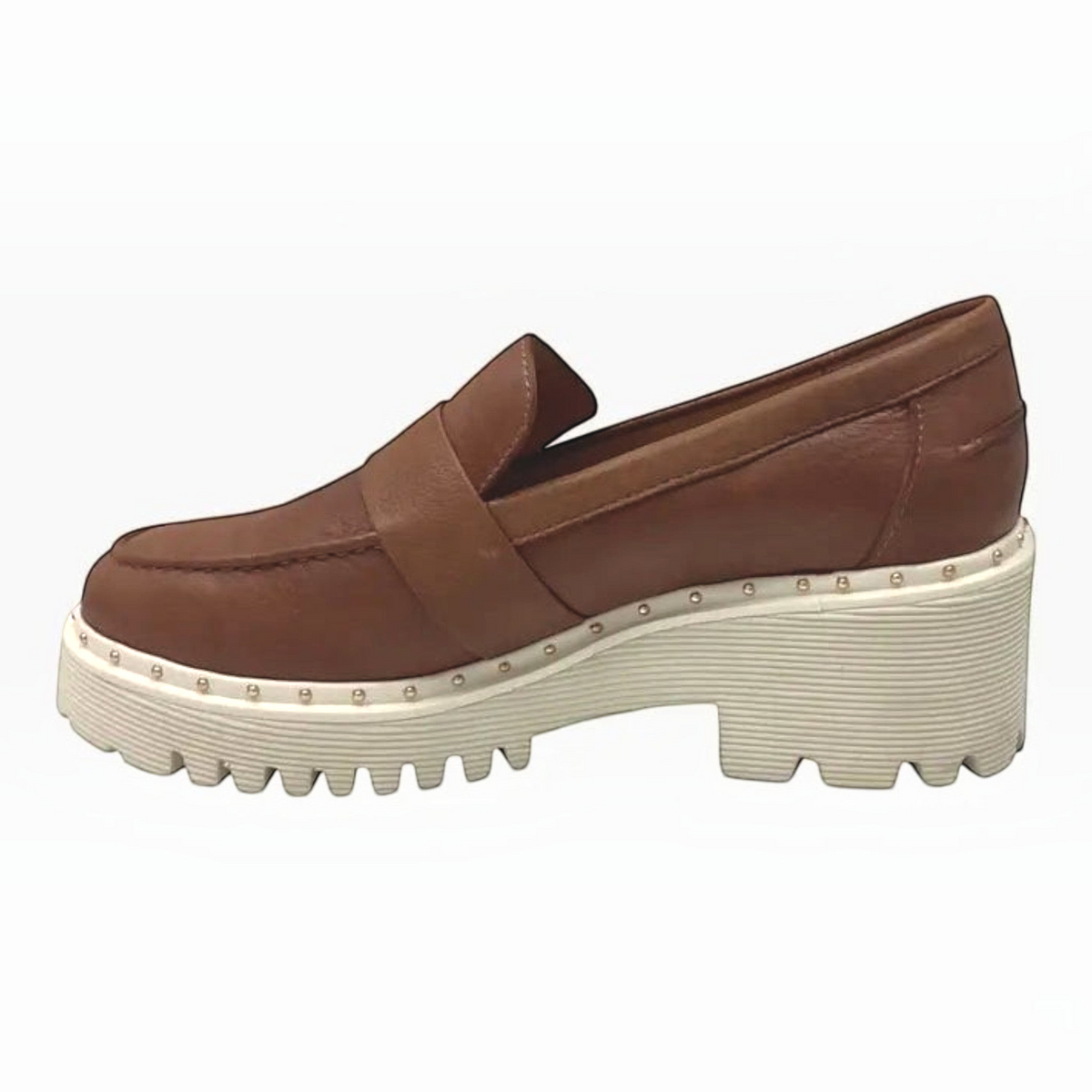 The Shoe Shop Belle Scarpe tan leather loafer with gold-tone studs and a chunky off-white lug platform sole.