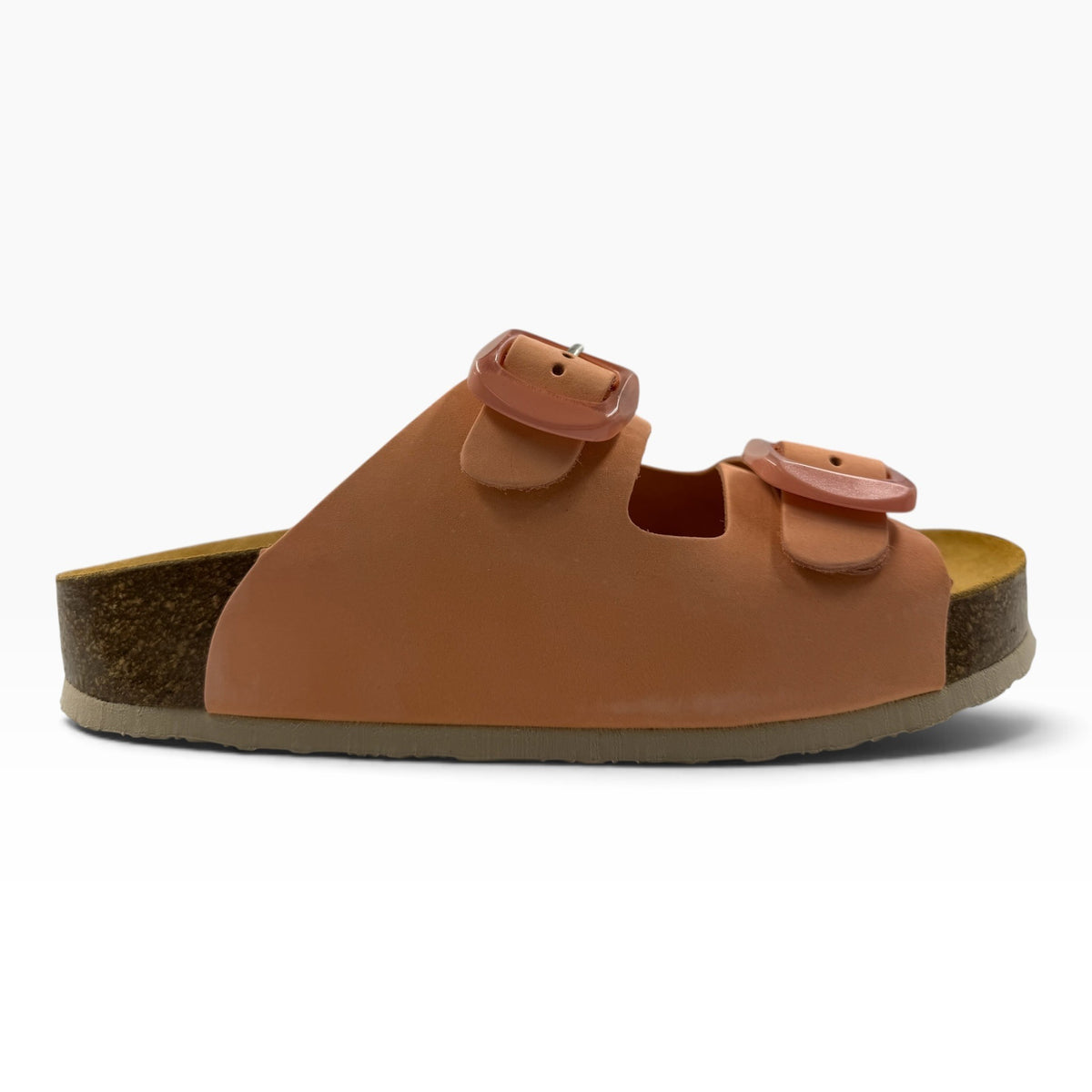 The Shoe Shop Plakton slide sandal in tan leather with a natural cork footbed, double buckles, and platform sole.