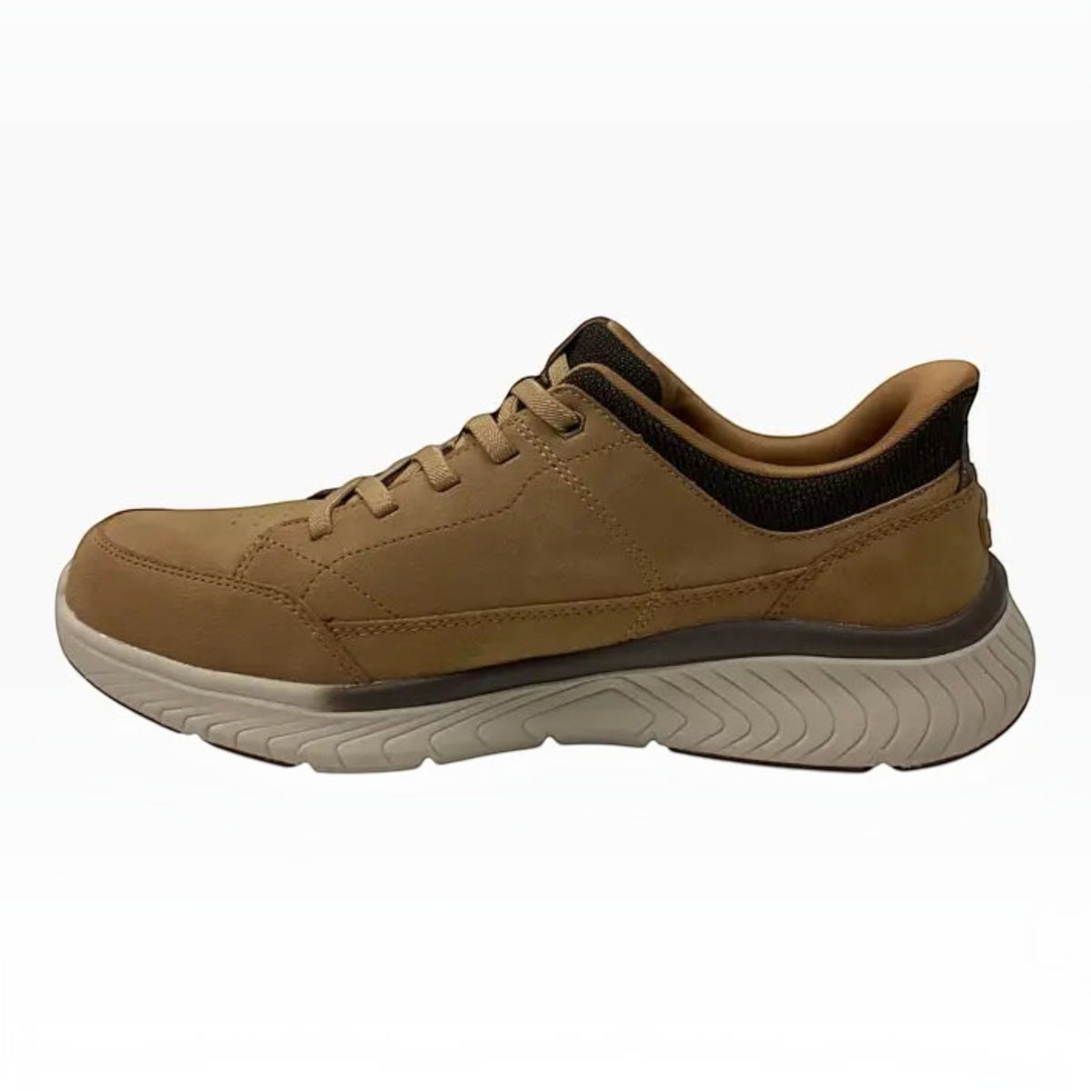 The Shoe Shop Skechers Arch Fit Crosser men's tan leather slip-in sneaker with mesh details and supportive sole.