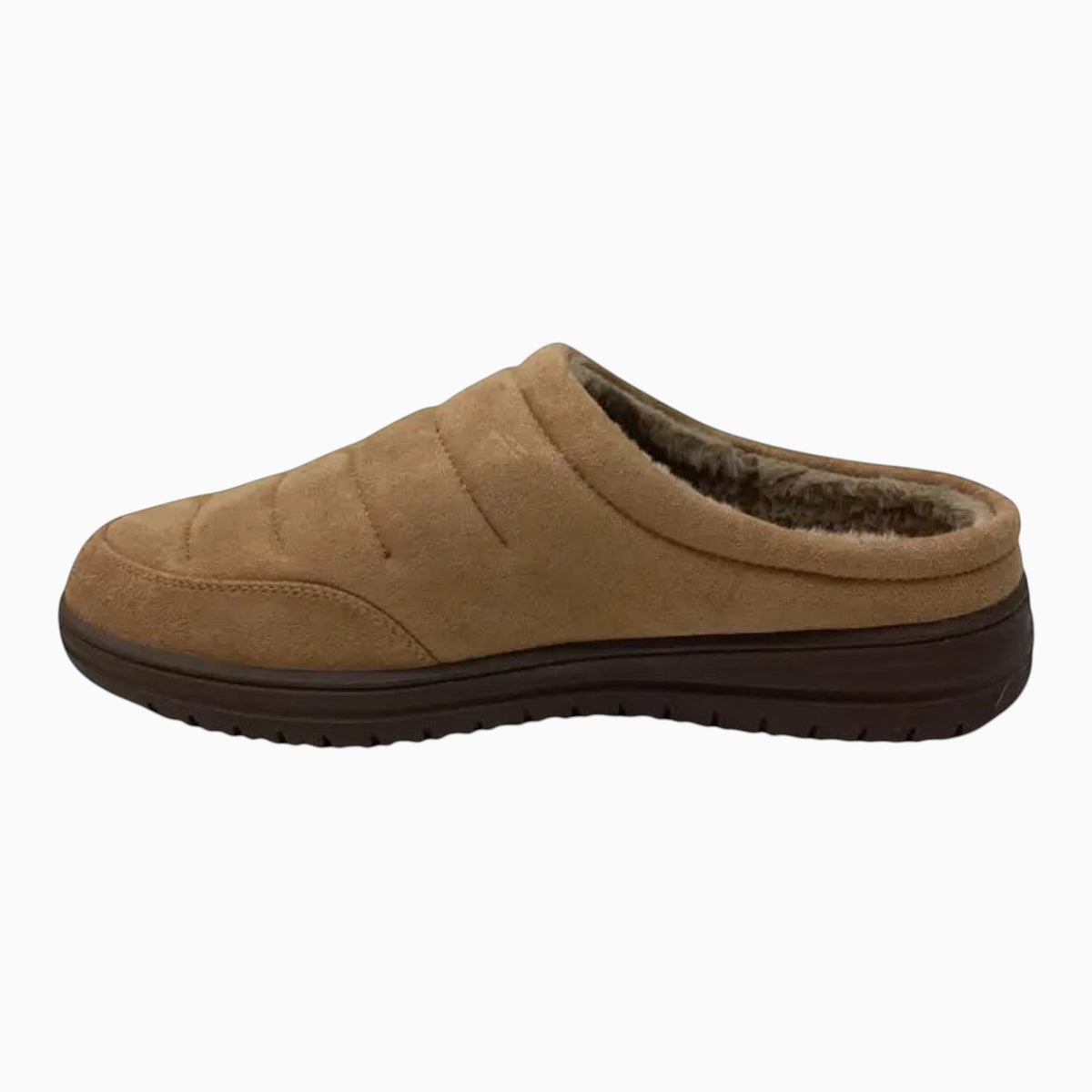 The Shoe Shop Murette Garvanza tan microfiber mule slipper with faux-fur lining and cushioned indoor outdoor sole