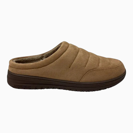 The Shoe Shop Skechers Murette Garvanza tan microfiber mule slipper with faux-fur lining and cushioned footbed.