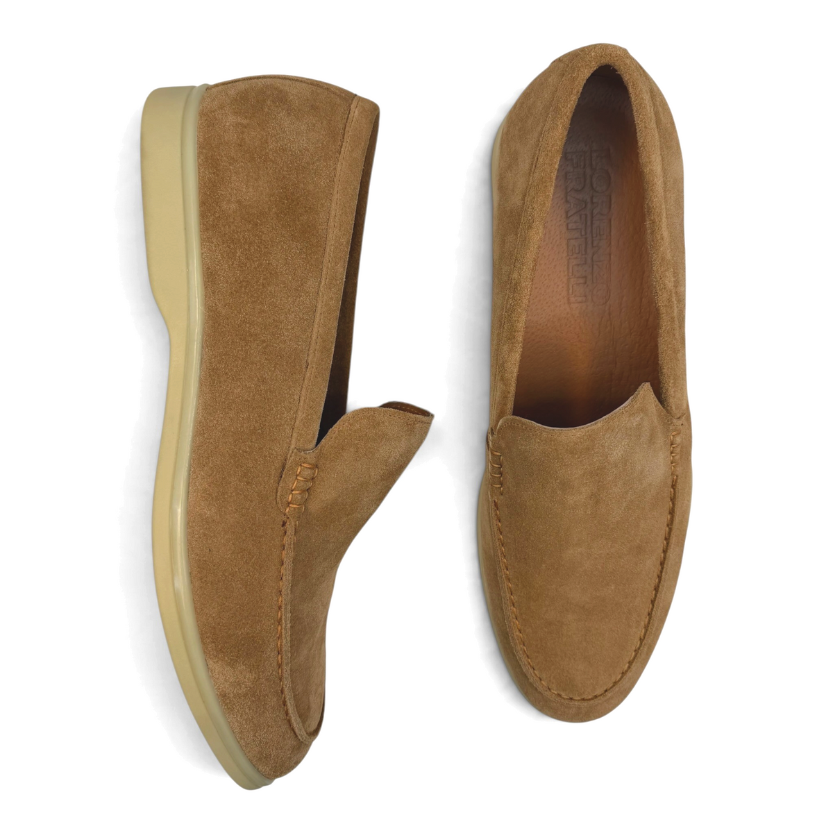 The Shoe Shop Lezly men's tan suede slip-on loafers with a durable rubber sole and comfortable leather lining.