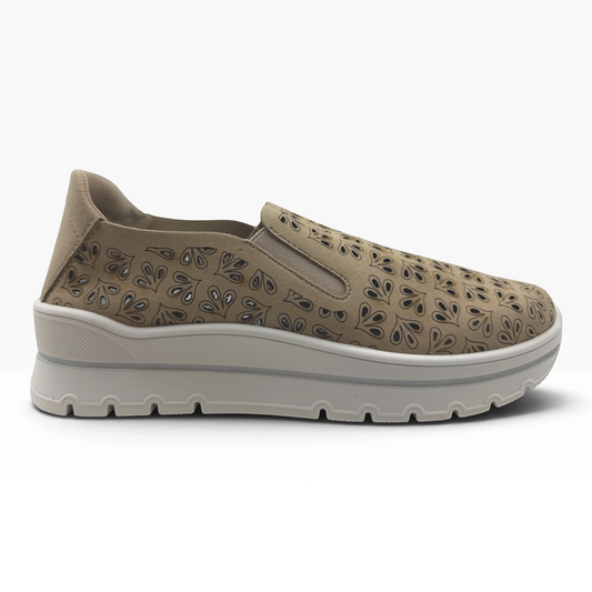 The Shoe Shop A40042 casual flat in taupe with laser-cut leaf pattern and thick white platform sole