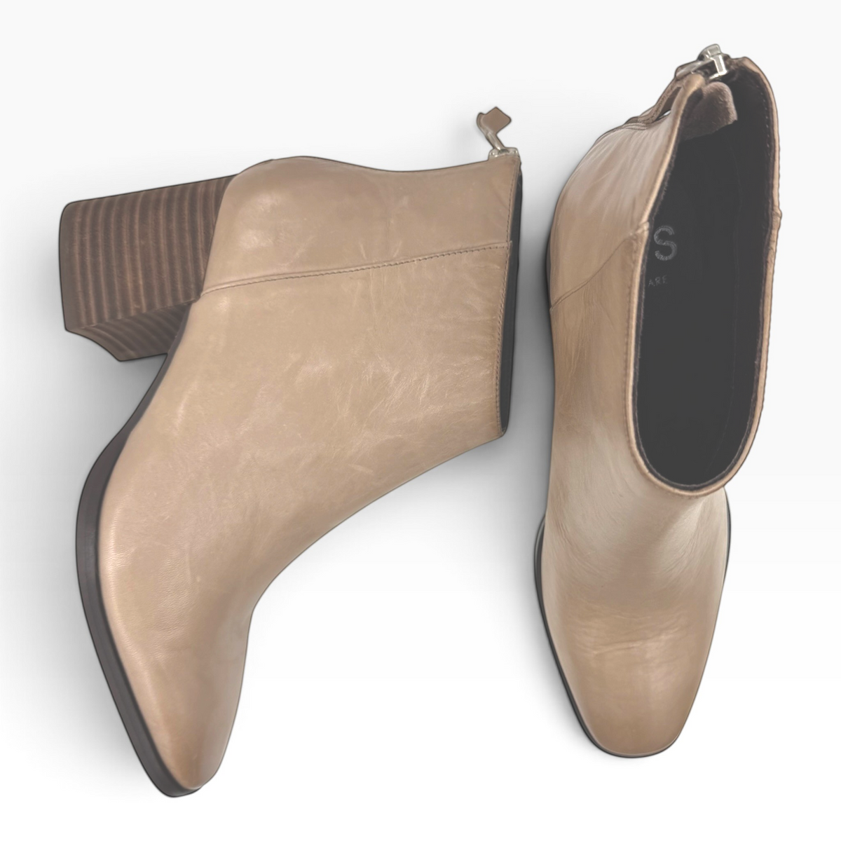 The Shoe Shop EOS Keara ankle boots in taupe leather with a stacked block heel and back zip closure.