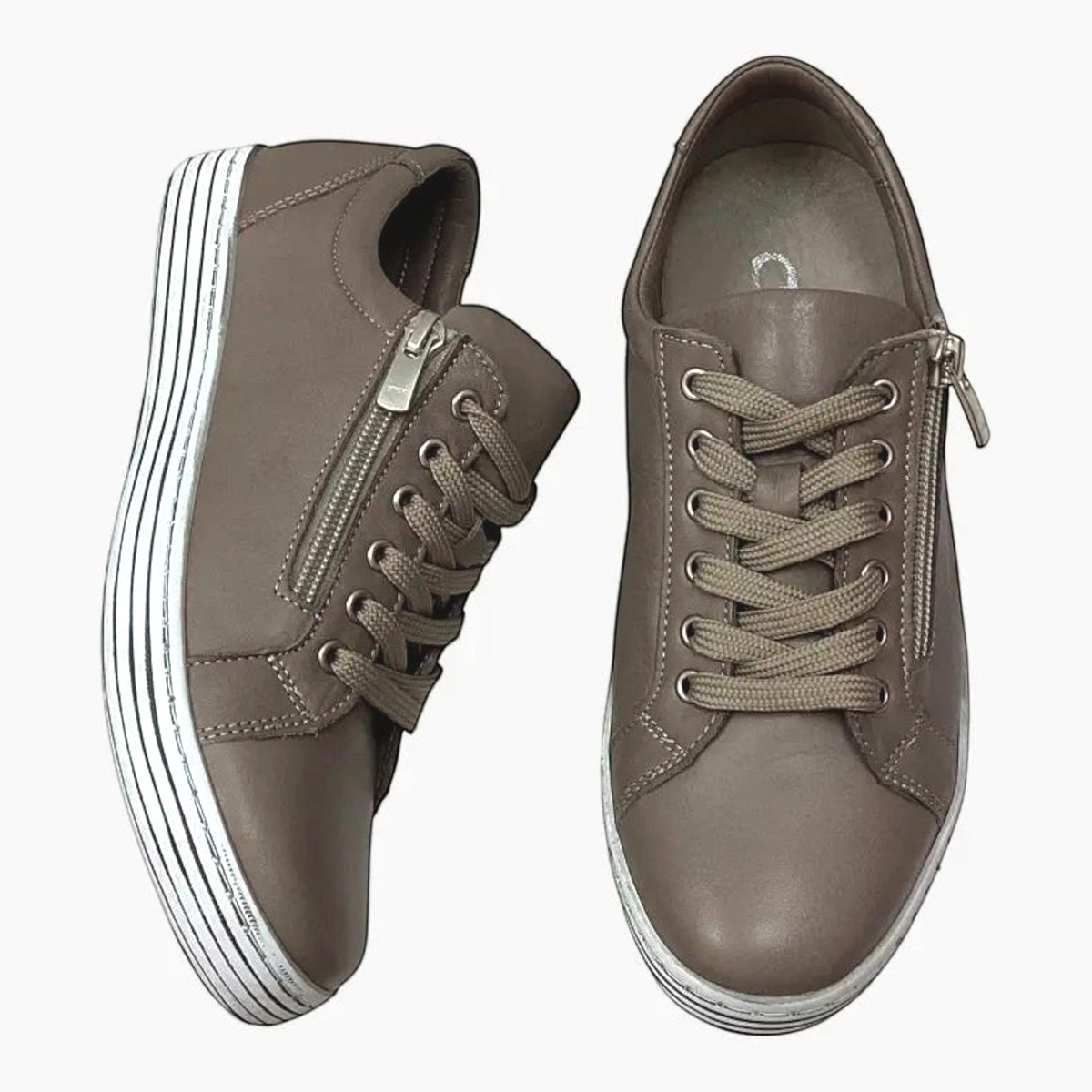 The Shoe Shop Cabello Unity taupe leather sneakers with side zip, lace-up closure, and striped thermo sole.