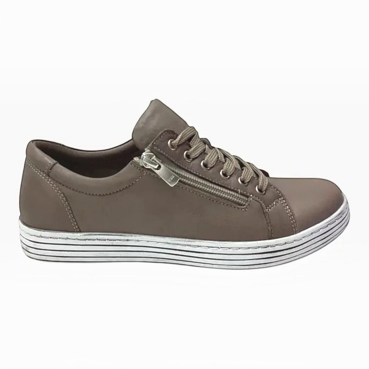 The Shoe Shop Cabello Unity taupe leather sneaker with side zip and lace-up closure on a striped thermo sole.