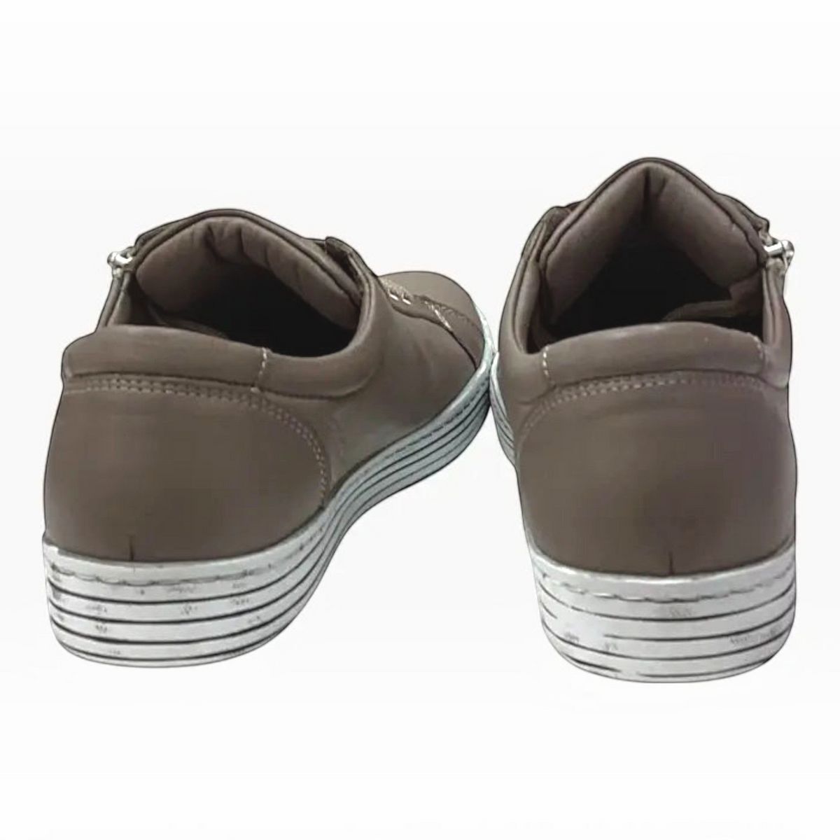 The Shoe Shop Cabello Unity taupe leather sneakers featuring a striped thermo sole and rear zip detail