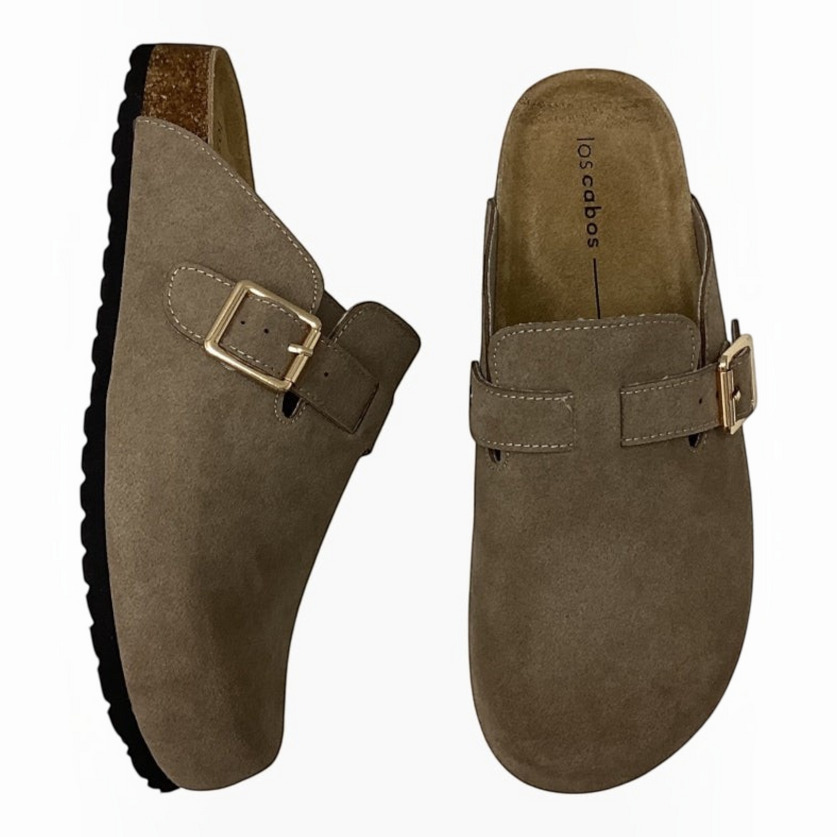 The Shoe Shop Bili mule slide in taupe recycled suede with an adjustable gold buckle and natural cork footbed.