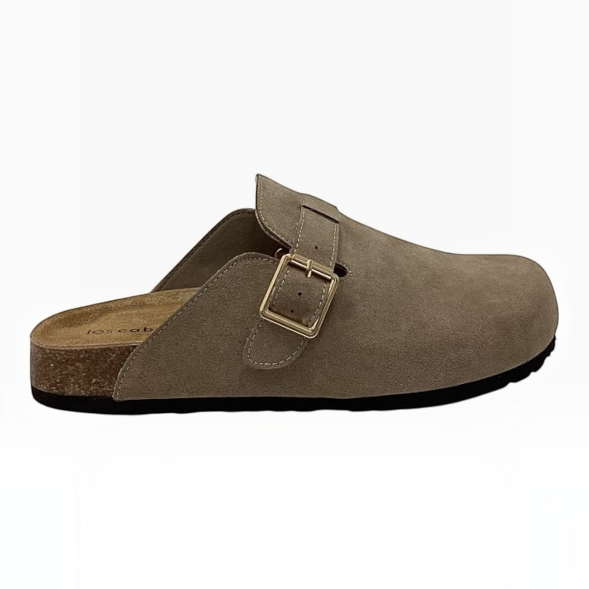 The Shoe Shop Bili mule slide in taupe recycled suede with an adjustable metal buckle and natural cork footbed.