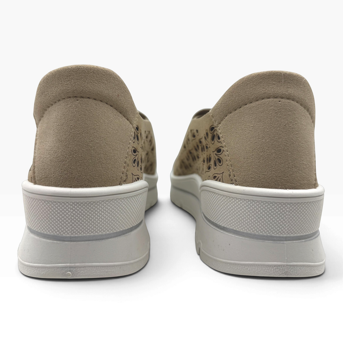The Shoe Shop A40042 casual flats in taupe suede with laser-cut floral patterns and a thick white platform sole.