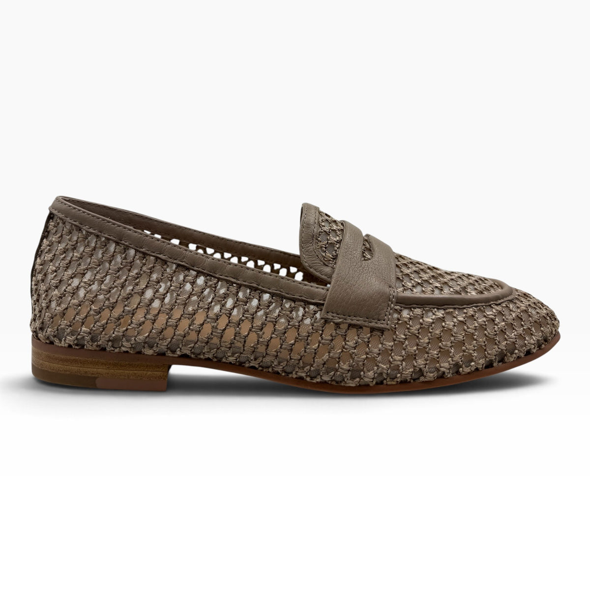 The Shoe Shop Irasy taupe woven leather loafers with a classic penny strap and low block heel