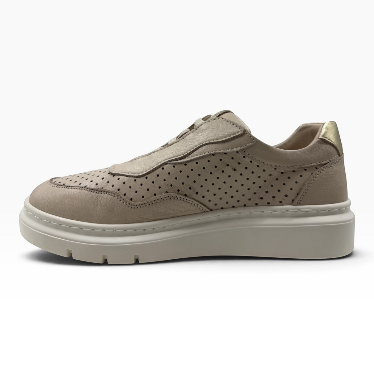 The Shoe Shop Taurus beige leather sneaker with perforated side panels and a thick white platform sole