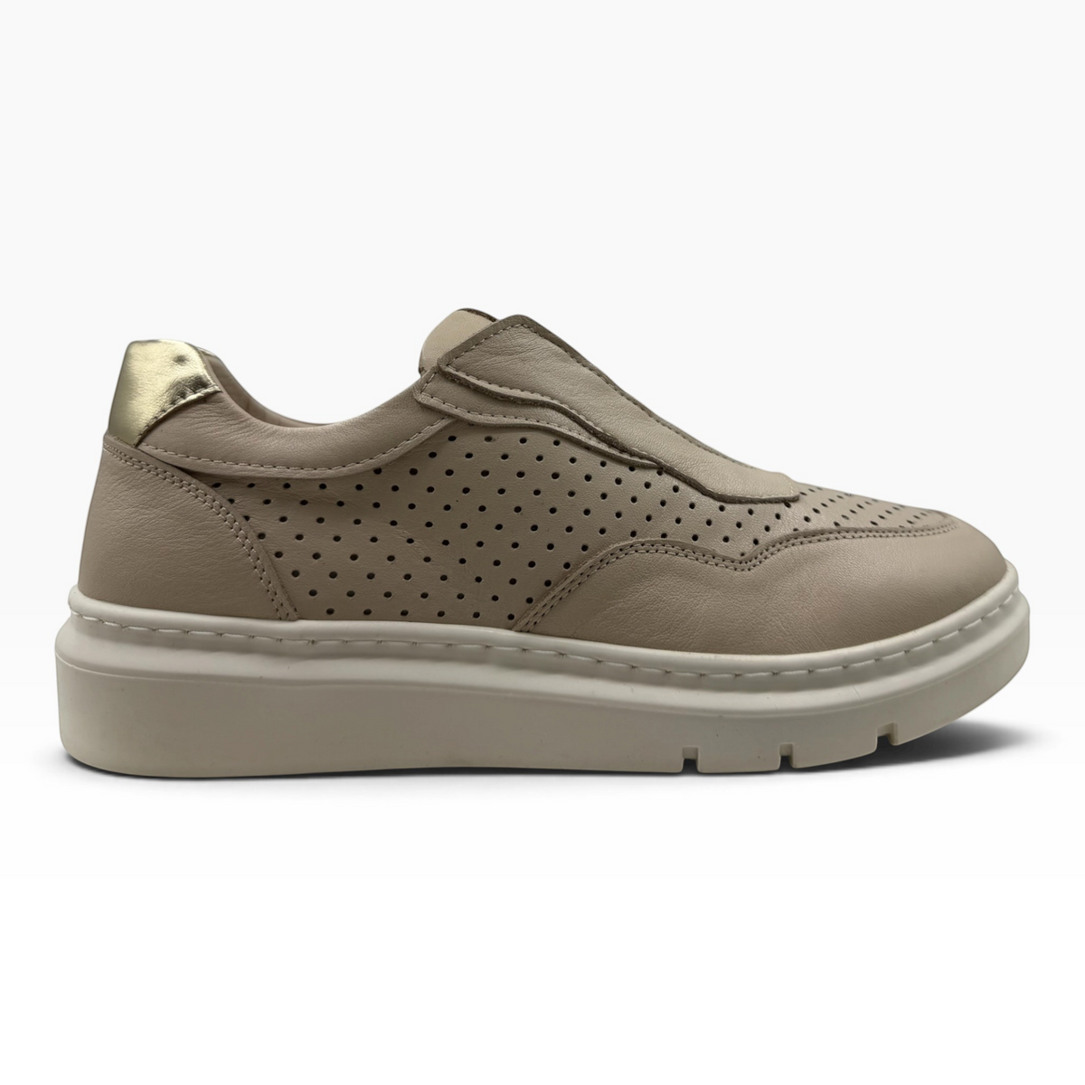 The Shoe Shop Taurus beige leather slip-on sneaker with perforated detailing and a metallic gold heel accent