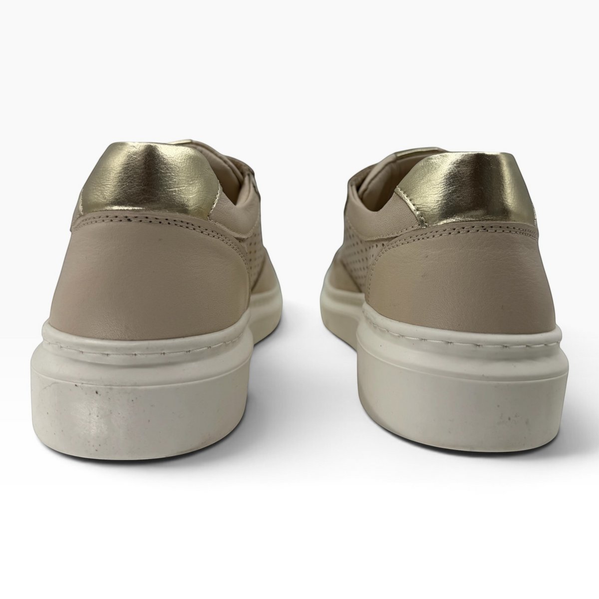 The Shoe Shop Taurus beige leather sneakers with metallic gold heel detail and white platform soles, back view.