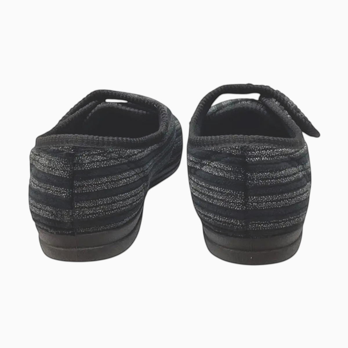 The Shoe Shop Grosby Thurston black striped slippers with adjustable velcro strap and durable rubber outsole