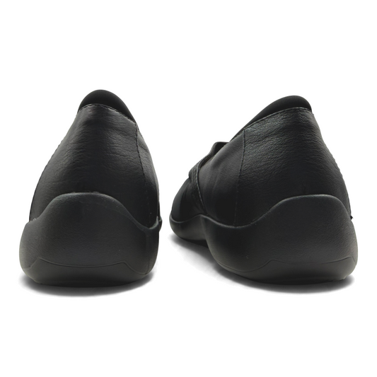 The Shoe Shop Timaru wide Mary-Jane shoes in black leather, showing the cushioned heel counter and rear view.