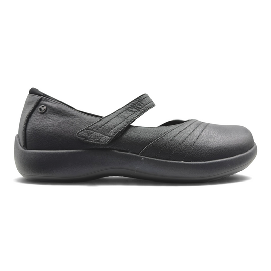 The Shoe Shop Timaru black leather Mary-Jane shoe with a stretch neoprene forefoot and adjustable hook-and-loop strap.