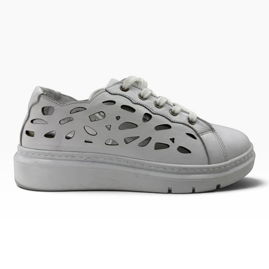The Shoe Shop Tira white leather sneaker with decorative laser-cut side panels and a thick platform sole