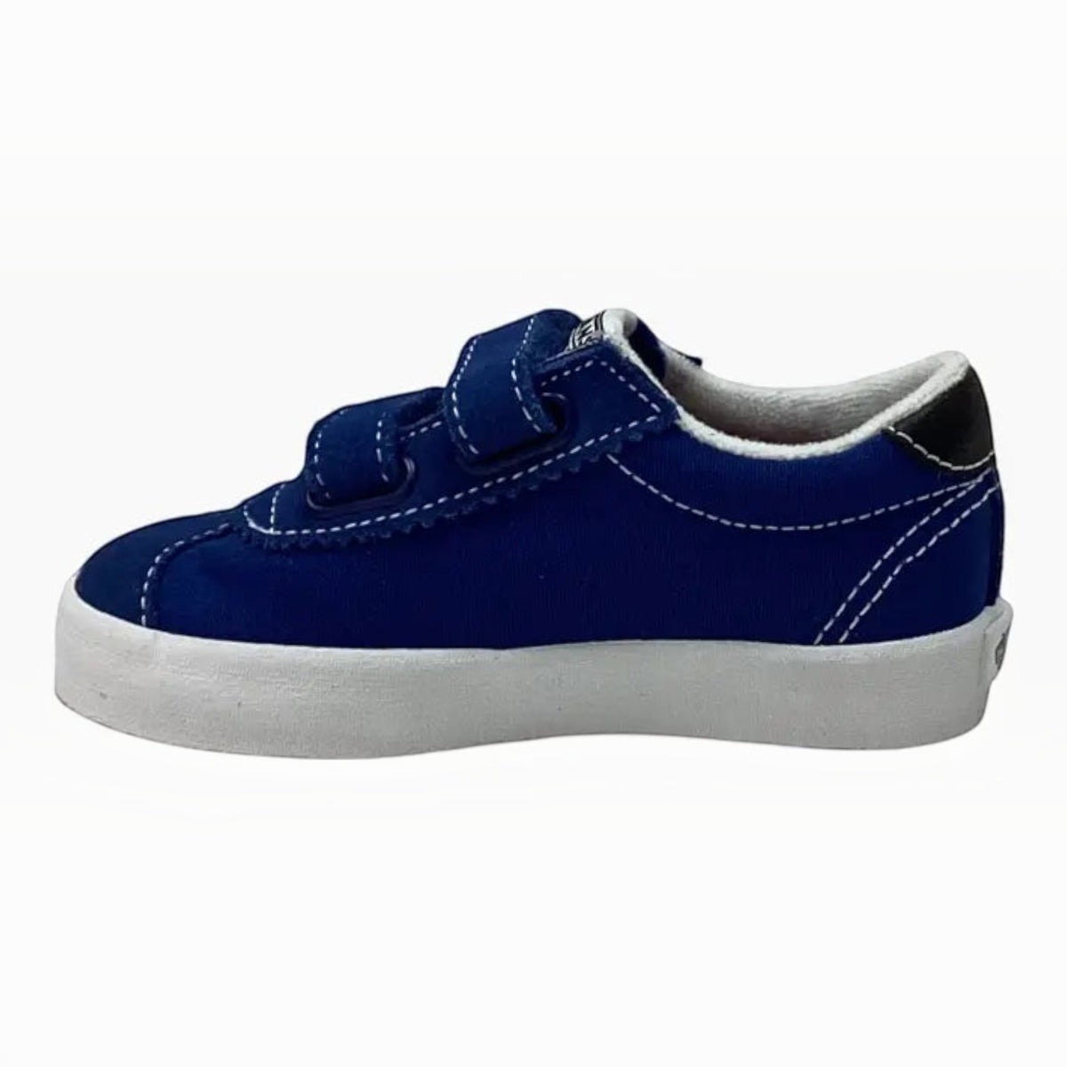 The Shoe Shop toddler Vans Sport Low V sneaker in blue canvas and suede with white contrast stitching and velcro straps