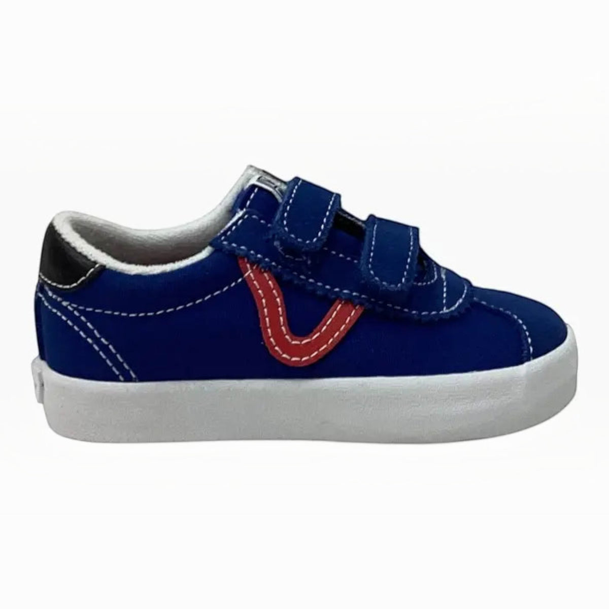 The Shoe Shop toddler Vans Sport Low V sneakers in blue canvas with red V sidestripe and hook-and-loop closures.