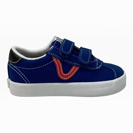 The Shoe Shop toddler Vans Sport Low V sneakers in blue canvas with red V sidestripe and hook-and-loop closures.
