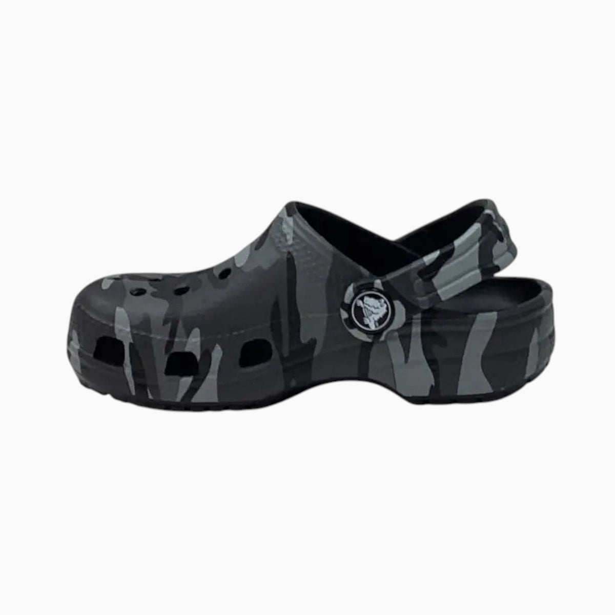The Shoe Shop toddler classic clog in a grey and black camo print with ventilation ports and a pivoting heel strap.