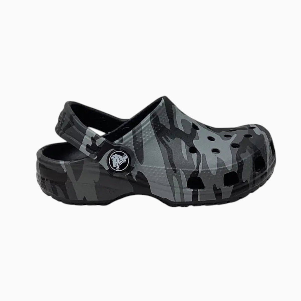 The Shoe Shop toddler Crocs Classic Clog in a grey and black camouflage print with a pivoting heel strap