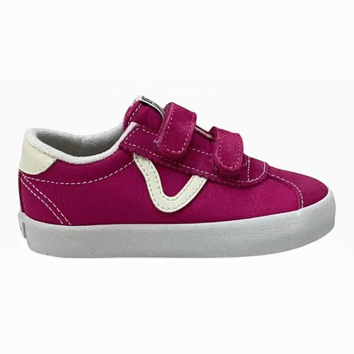 The Shoe Shop toddler Sport Low V sneakers in fuchsia canvas and suede with white V sidestripe and velcro straps.