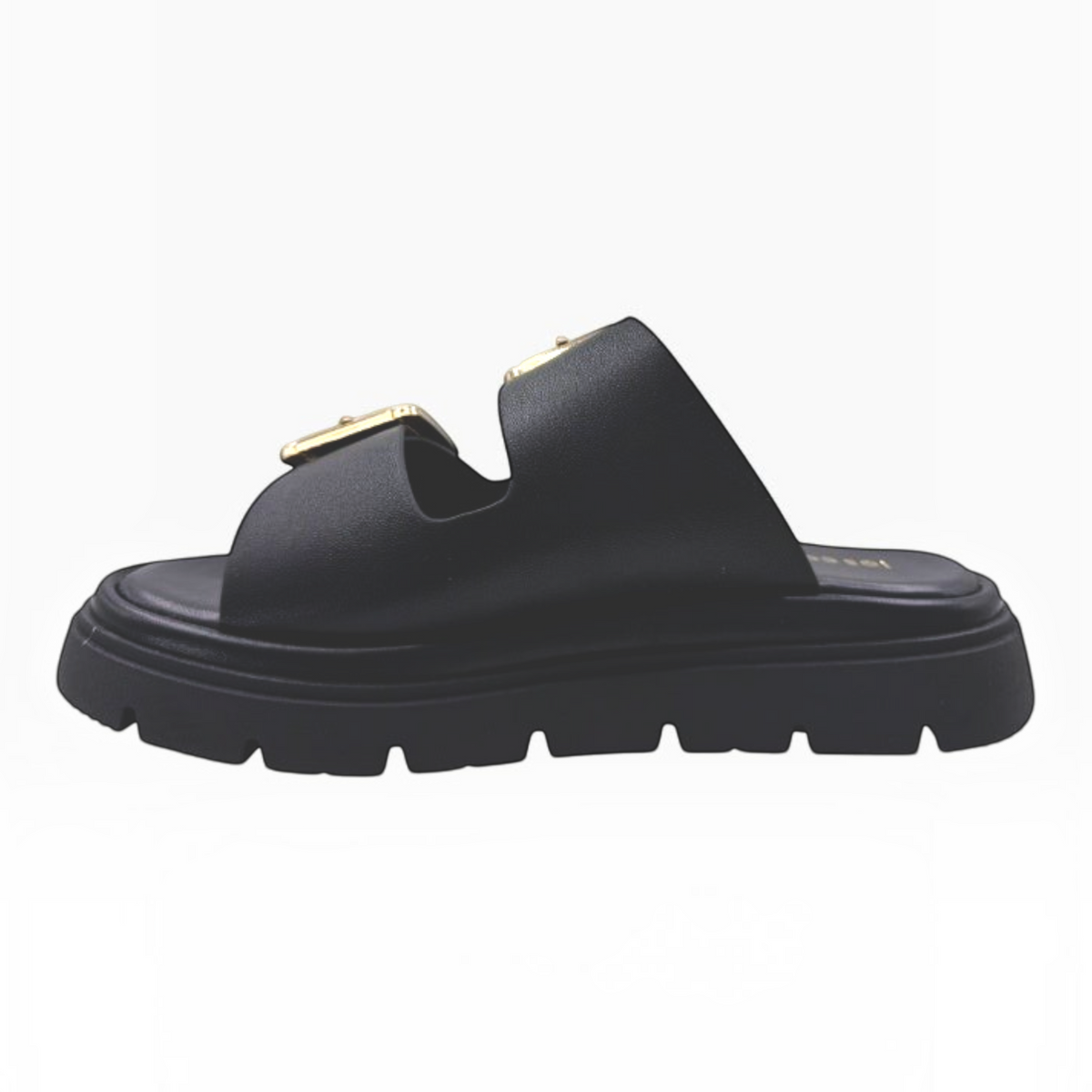 The Shoe Shop Toledo black slide sandal with twin adjustable straps, gold buckles, and a chunky lug platform sole.