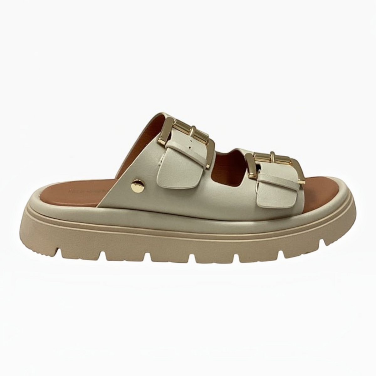 The Shoe Shop Toledo Slide in cream with twin adjustable gold buckle straps and a chunky platform lug sole.