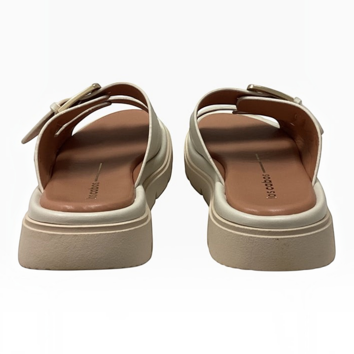 The Shoe Shop Los Cabos Toledo slide sandals in neutral with twin buckle straps and a cushioned platform lug sole.
