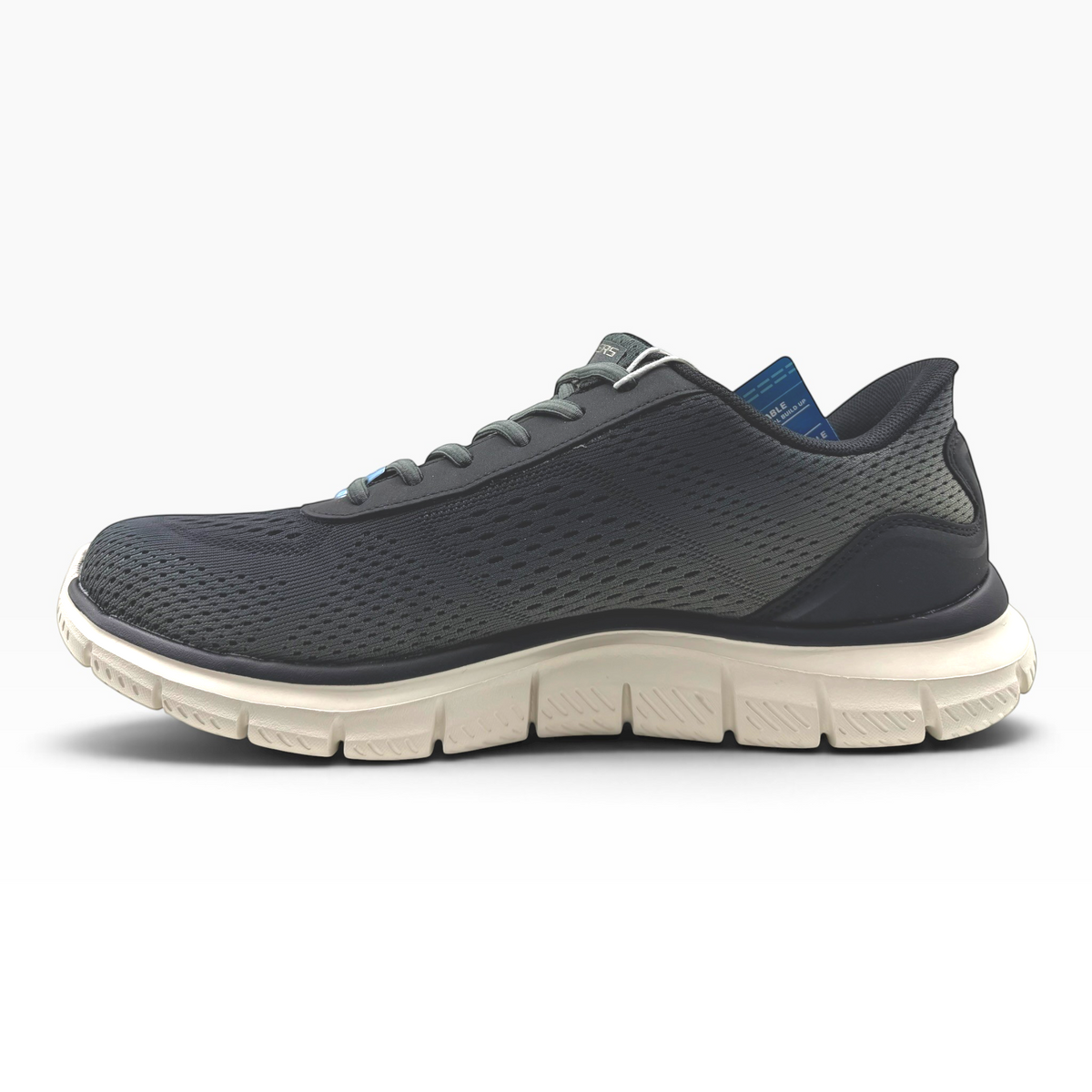 The Shoe Shop Track-Revno men's black mesh athletic sneaker with a beige cushioned sole and lace-up closure.