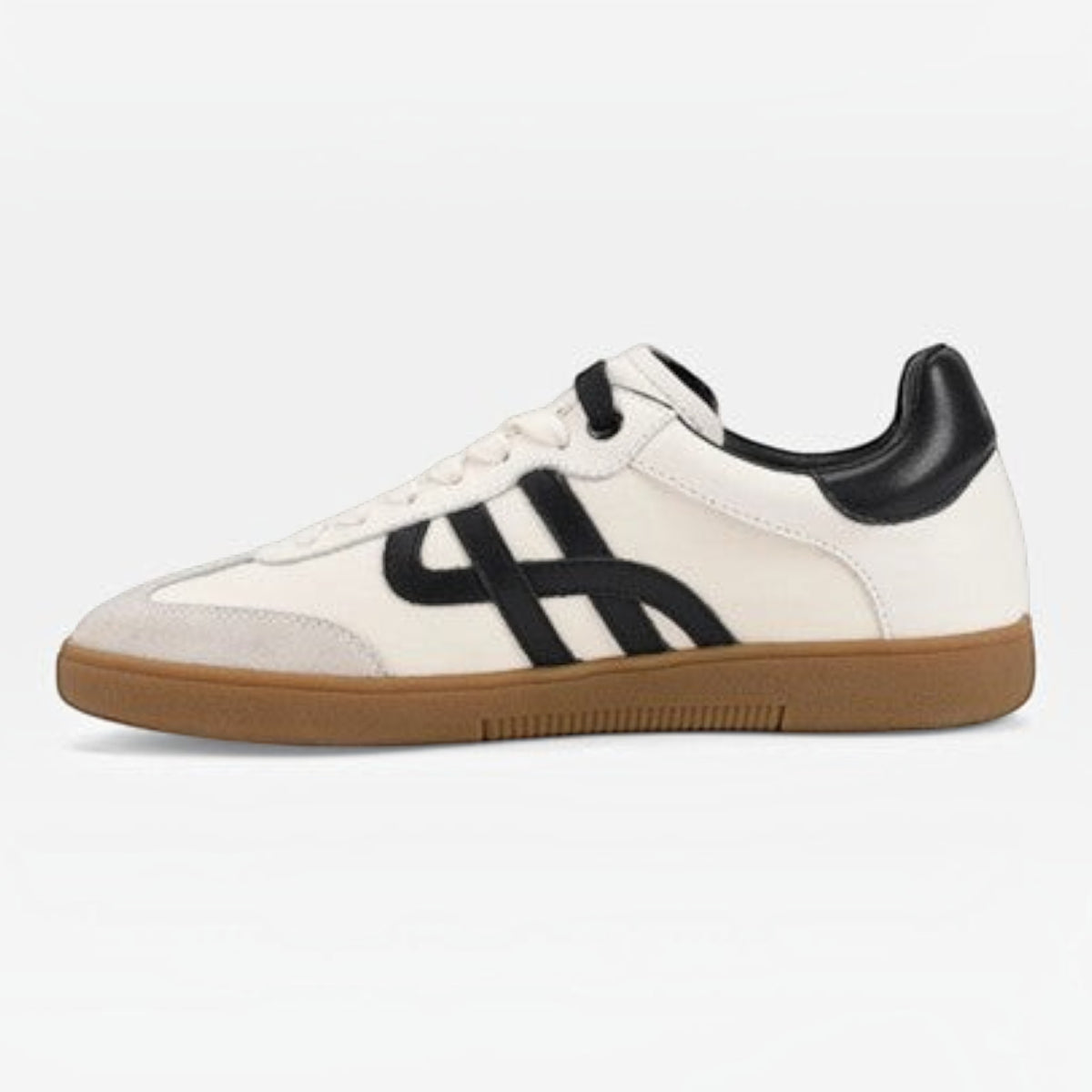 The Shoe Shop Trackside sneaker in white suede and canvas with black detailing and a flexible gum rubber outsole.