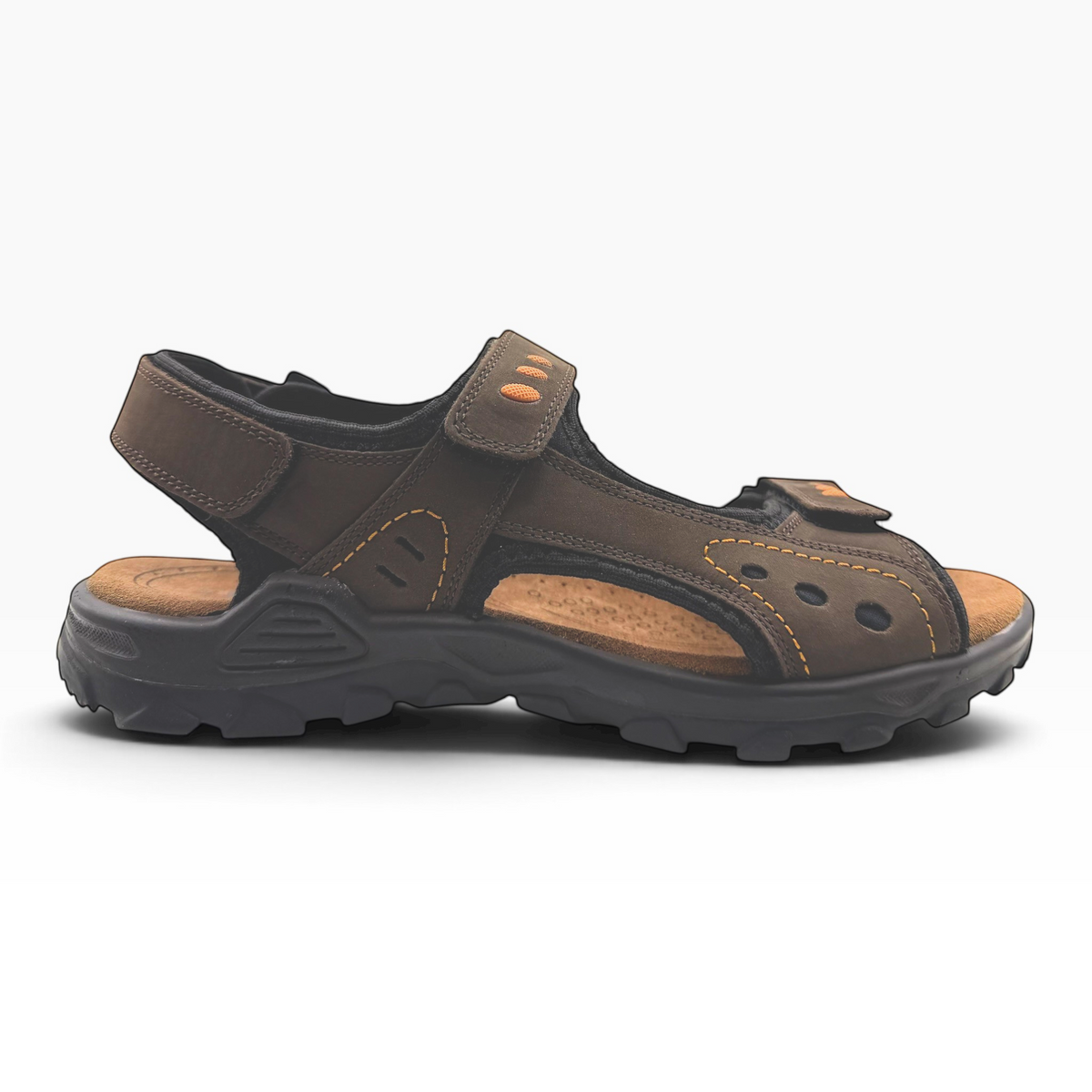 The Shoe Shop Trail brown leather outdoor hiking sandal with adjustable velcro straps and a rugged black rubber sole.