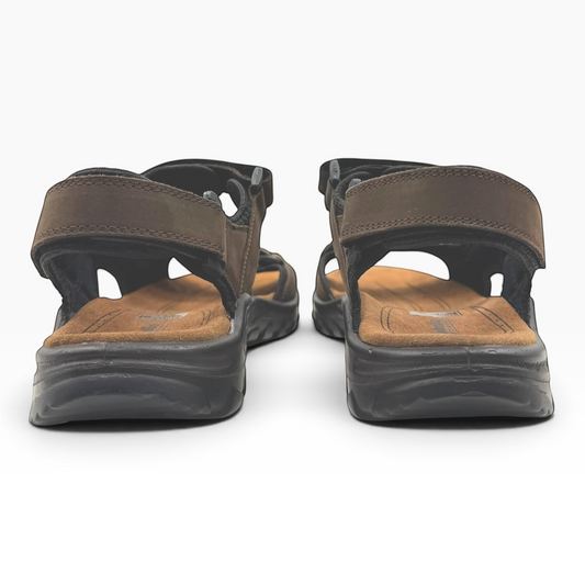 The Shoe Shop Trail brown leather hiking sandals with adjustable velcro straps and durable black rubber soles