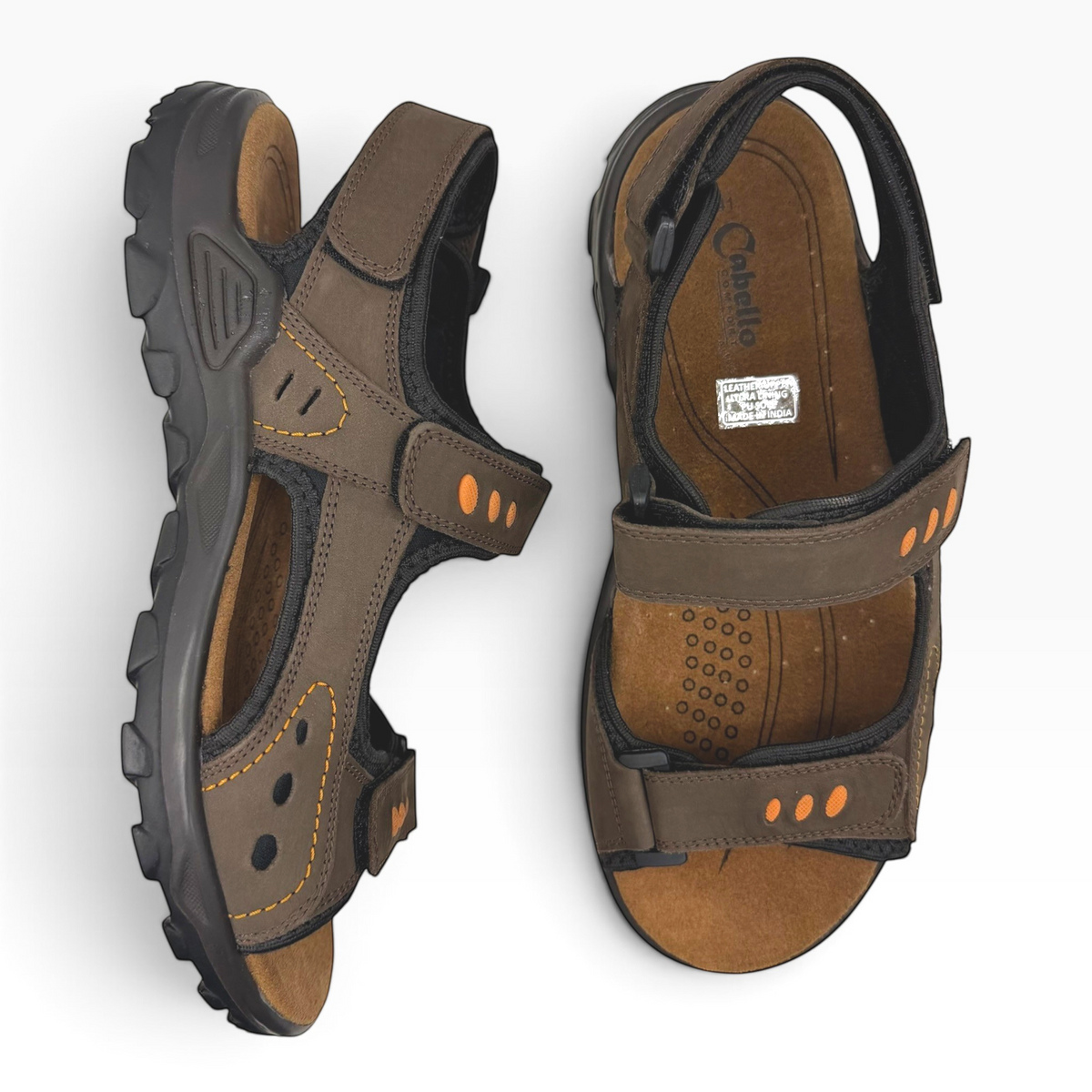 The Shoe Shop Trail brown leather outdoor sandals with adjustable velcro straps and rugged black rubber soles