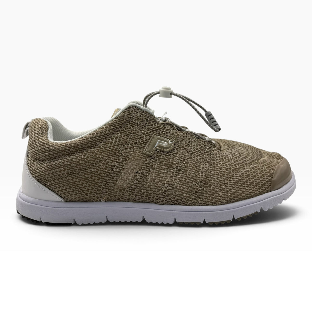 The Shoe Shop Travel Walker 2E beige mesh walking shoe with a white sole and convenient toggle lace system