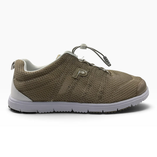 The Shoe Shop Travel Walker 2E beige mesh walking shoe with a white sole and convenient toggle lace system