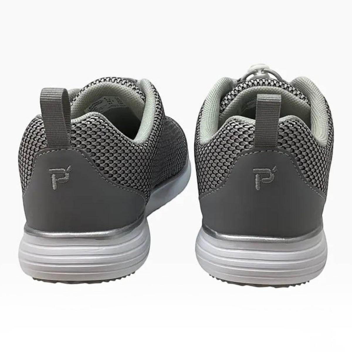 The Shoe Shop Travelfit Prestige D grey mesh walking shoes showing the firm heel counter and white EVA sole