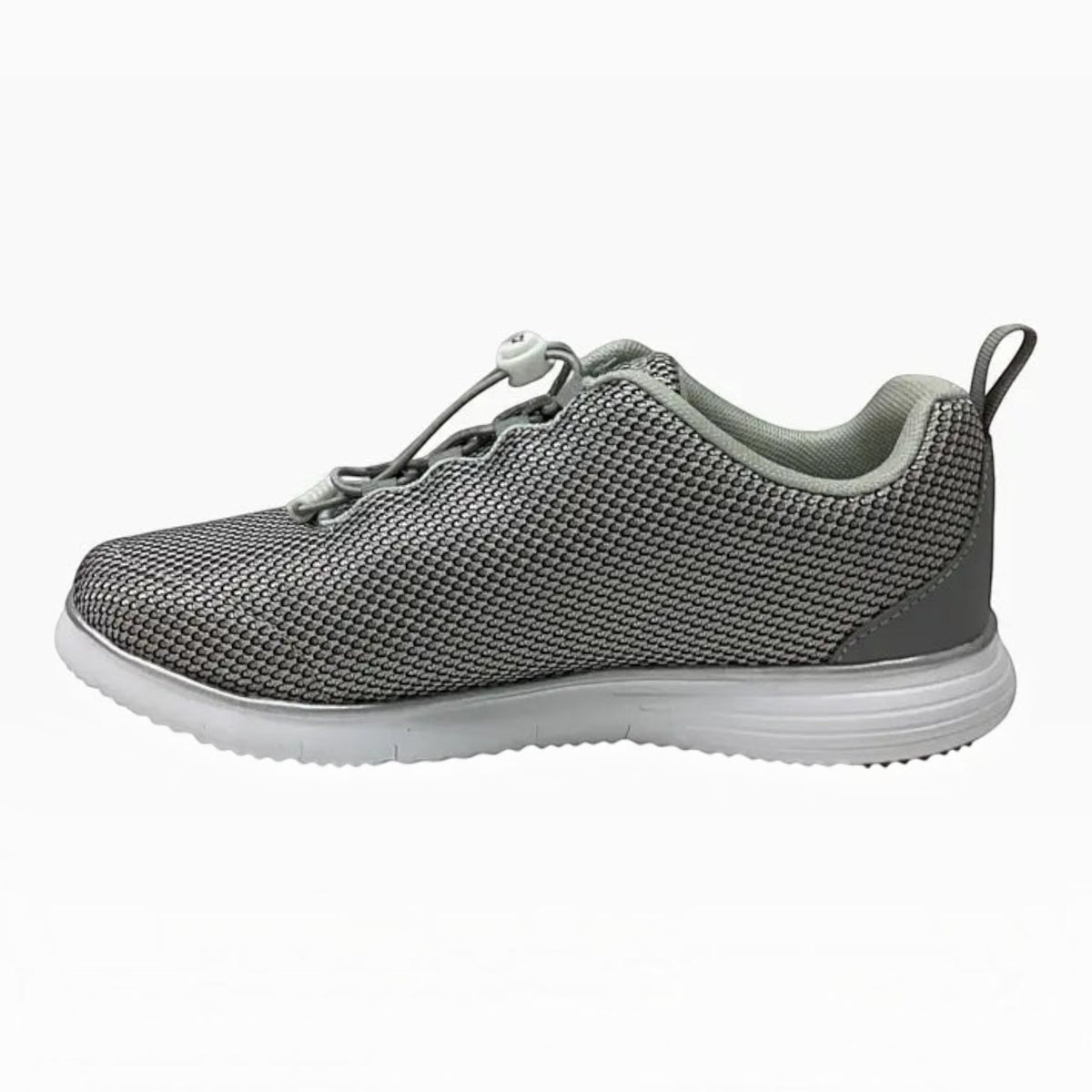 The Shoe Shop Travelfit Prestige D grey mesh sneaker with elastic toggle laces and a lightweight white EVA sole.
