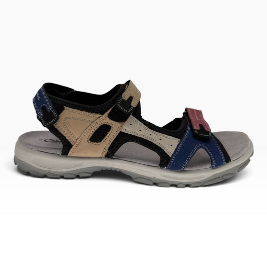 The Shoe Shop Trek sandal featuring a multi-coloured textile upper, moulded footbed, and adjustable Velcro straps.