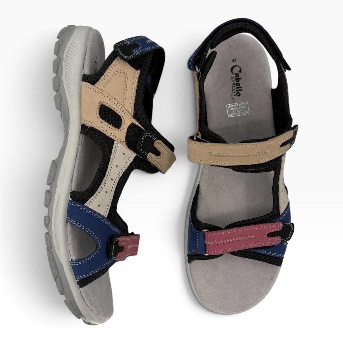 The Shoe Shop Trek multi-coloured textile sandals with adjustable Velcro straps, moulded footbed, and grip sole.