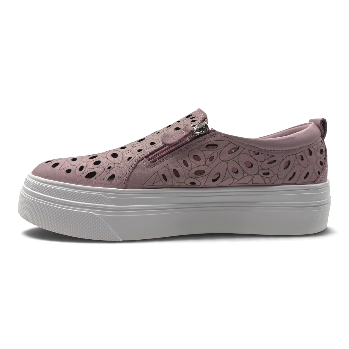 The Shoe Shop Triffic mauve leather sneaker with laser-cut floral patterns, side zip, and white platform rubber sole.