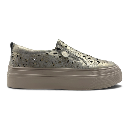 The Shoe Shop Triffic metallic leather sneaker with laser-cut floral details, side zip, and platform rubber sole.